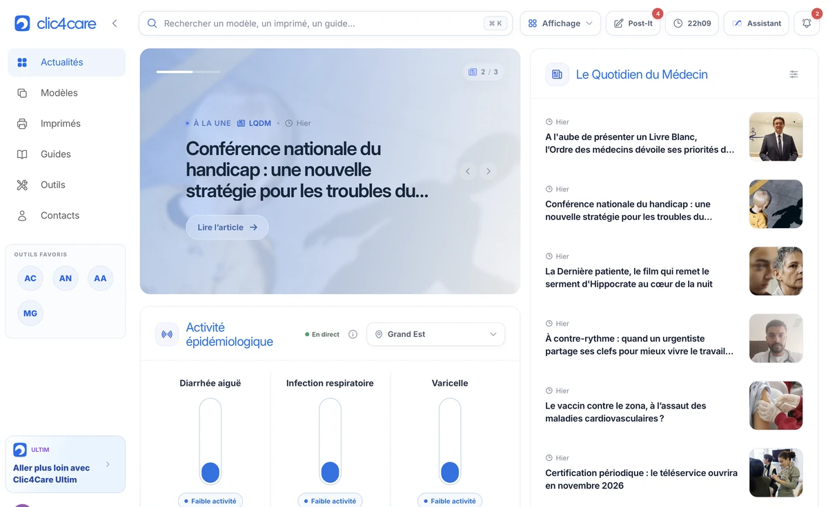 Accueil Clic4Care : actualités médicales, articles avec leurs sources et indicateurs épidémiologiques.